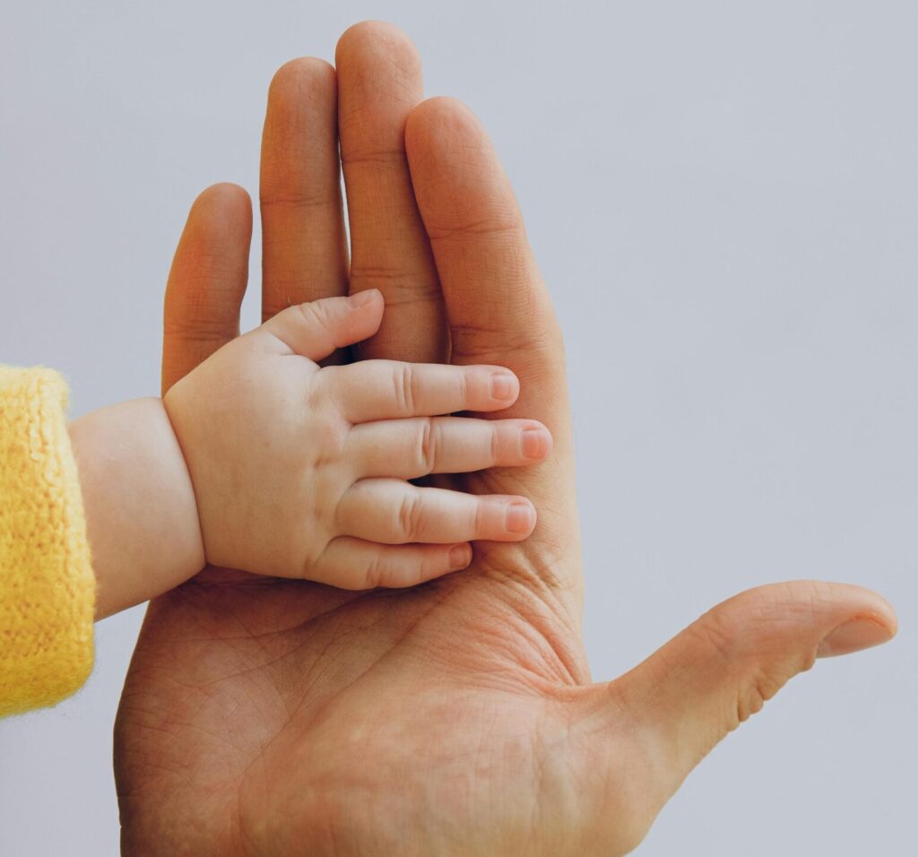 Crop anonymous baby in warm wear holding hand on palm of crop parent while standing against white background in studio